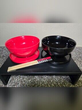 Red and Black Ramen Bowls with Chopsticks